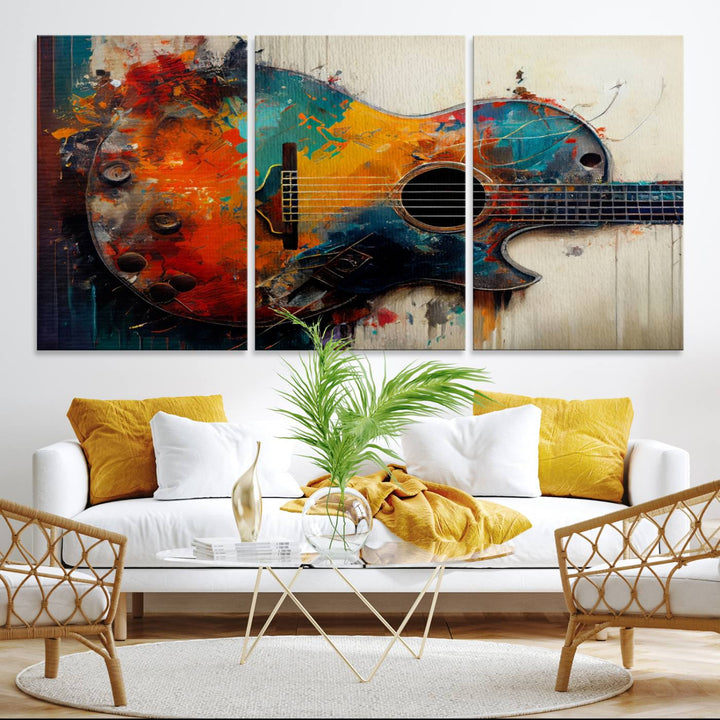 Abstract Guitar Wall Art Canvas | Vibrant Music-Inspired Art for Living Room or Studio | Colorful Music Decor Canvas Print