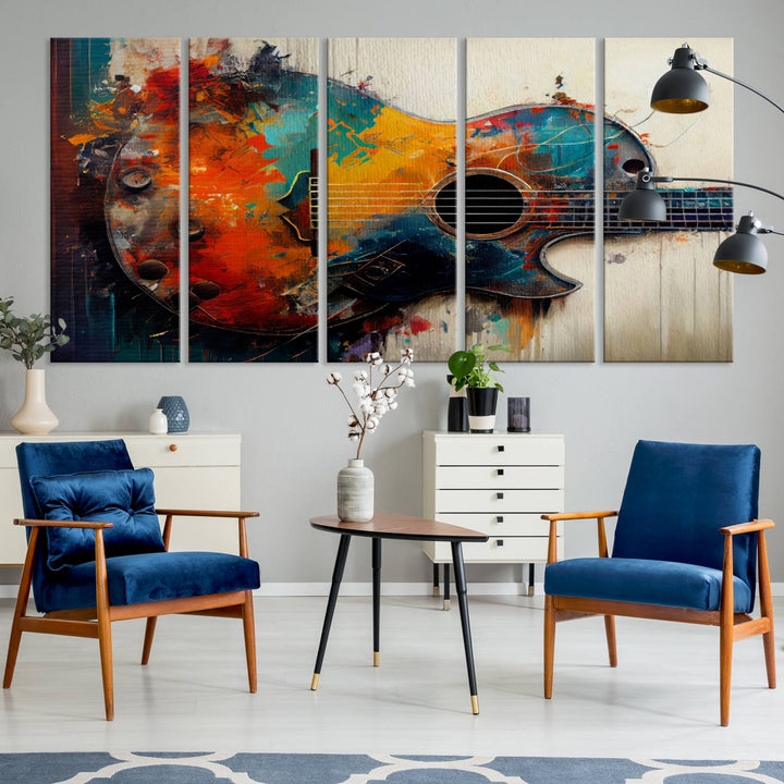 Abstract Guitar Wall Art Canvas | Vibrant Music-Inspired Art for Living Room or Studio | Colorful Music Decor Canvas Print