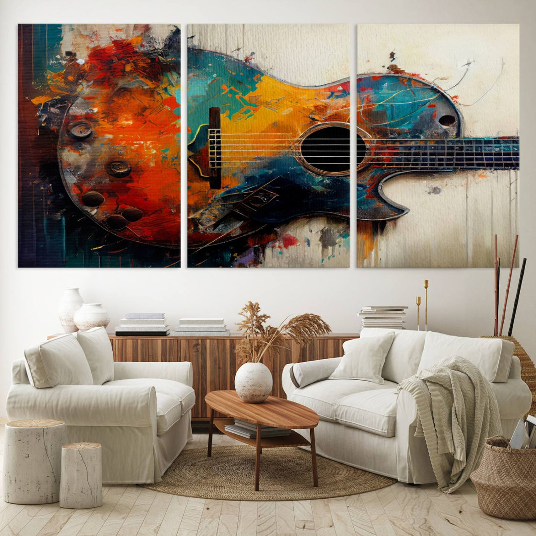 Abstract Guitar Wall Art Canvas | Vibrant Music-Inspired Art for Living Room or Studio | Colorful Music Decor Canvas Print