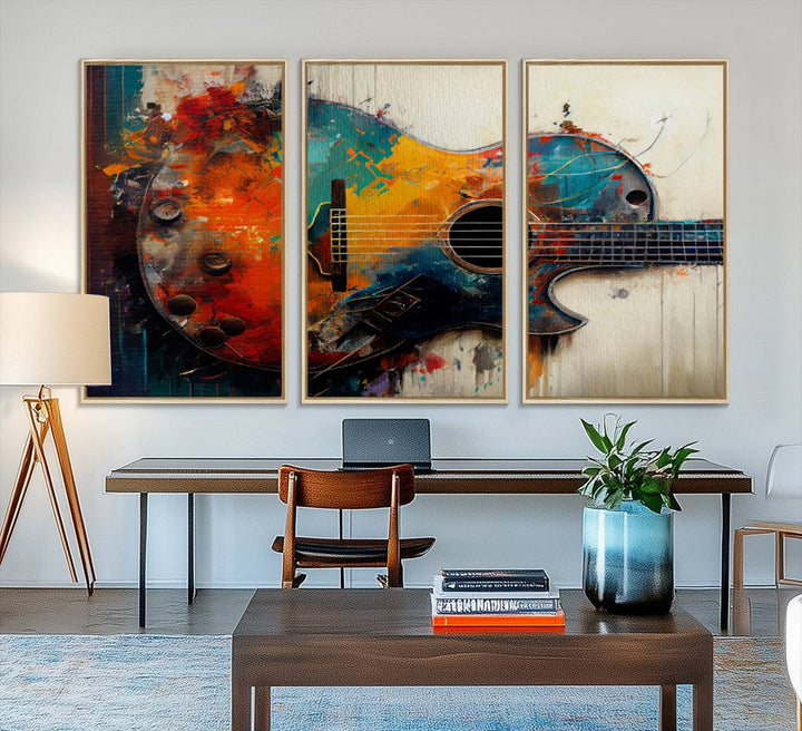 89330-MGV-FC-48X32-3P_Natural-Abstract Guitar Wall Art Canvas | Vibrant Music-Inspired Art for Living Room or Studio | Colorful Music Decor Canvas Print