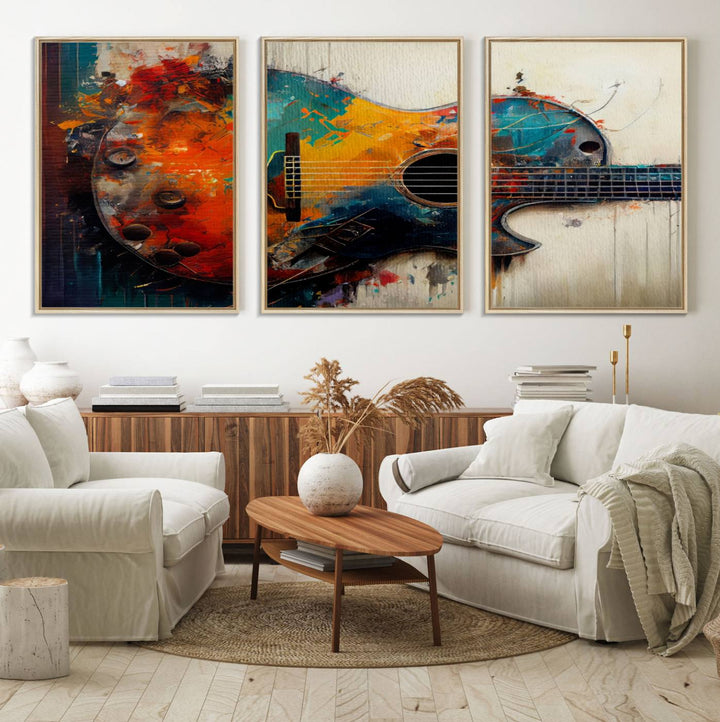 89330-MGV-FC-60X30-3P_Natural-Abstract Guitar Wall Art Canvas | Vibrant Music-Inspired Art for Living Room or Studio | Colorful Music Decor Canvas Print