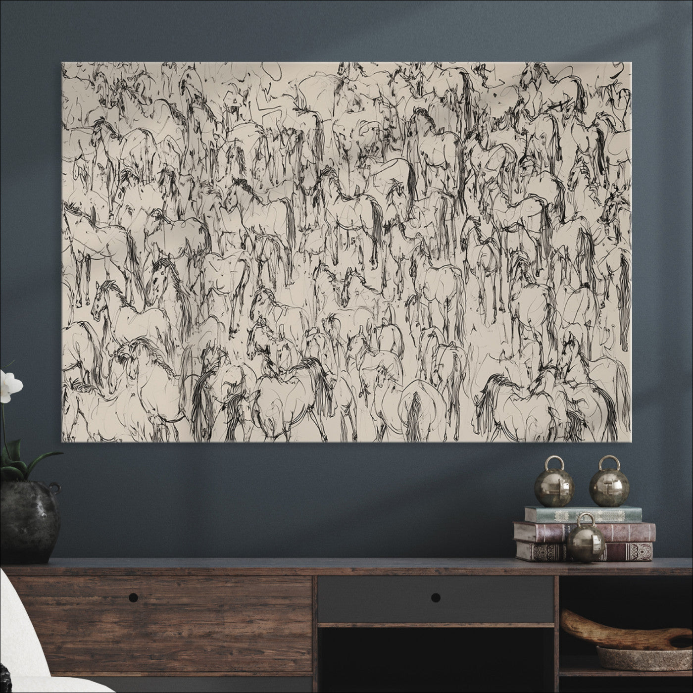 Abstract Horse Sketch Wall Art | Ready to Hang and Framed | Farmhouse Wall Decor for Living Room or Office