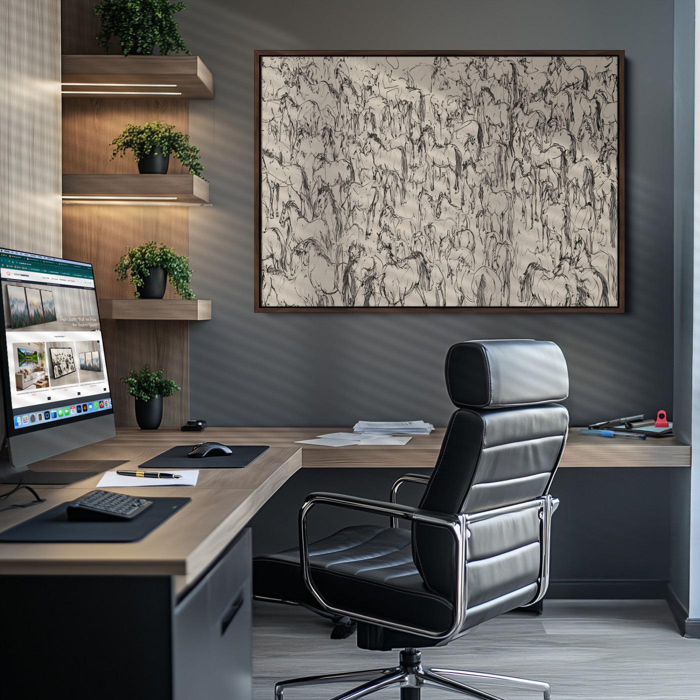 Abstract Horse Sketch Wall Art | Ready to Hang and Framed | Farmhouse Wall Decor for Living Room or Office