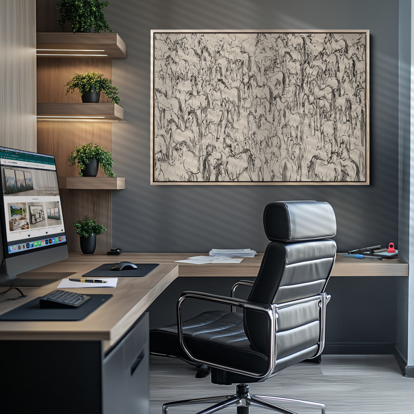 Abstract Horse Sketch Wall Art | Ready to Hang and Framed | Farmhouse Wall Decor for Living Room or Office