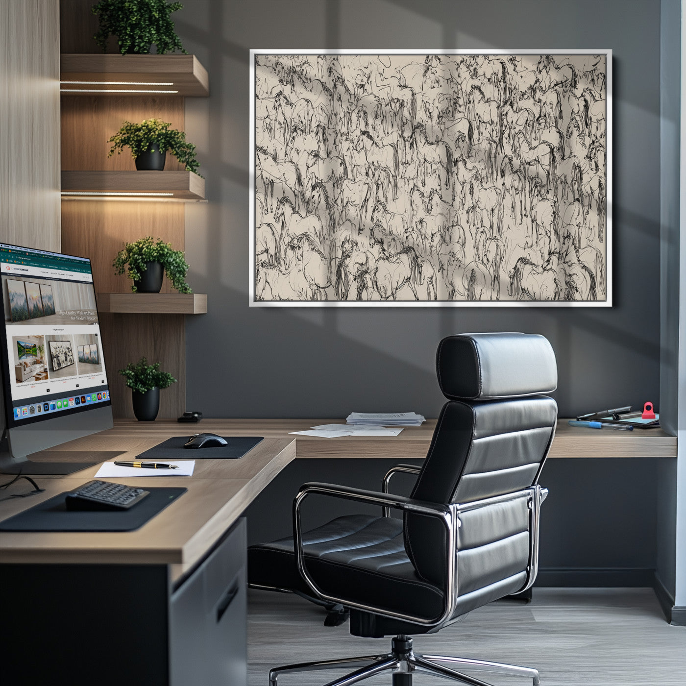 25718-MGV-CV-36X24-Abstract Horse Sketch Wall Art | Ready to Hang and Framed | Farmhouse Wall Decor for Living Room or Office