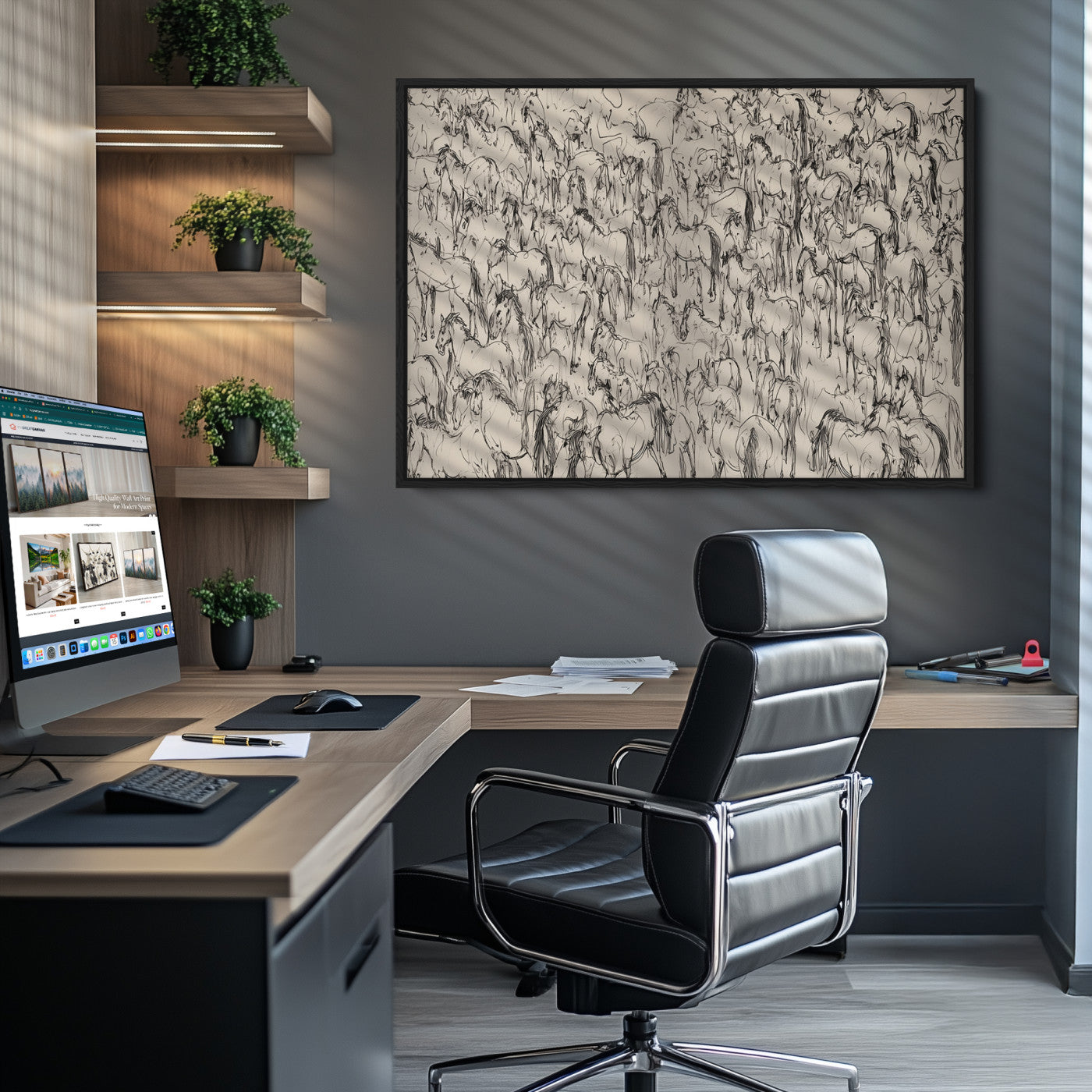 25718-MGV-CV-36X24-Abstract Horse Sketch Wall Art | Ready to Hang and Framed | Farmhouse Wall Decor for Living Room or Office