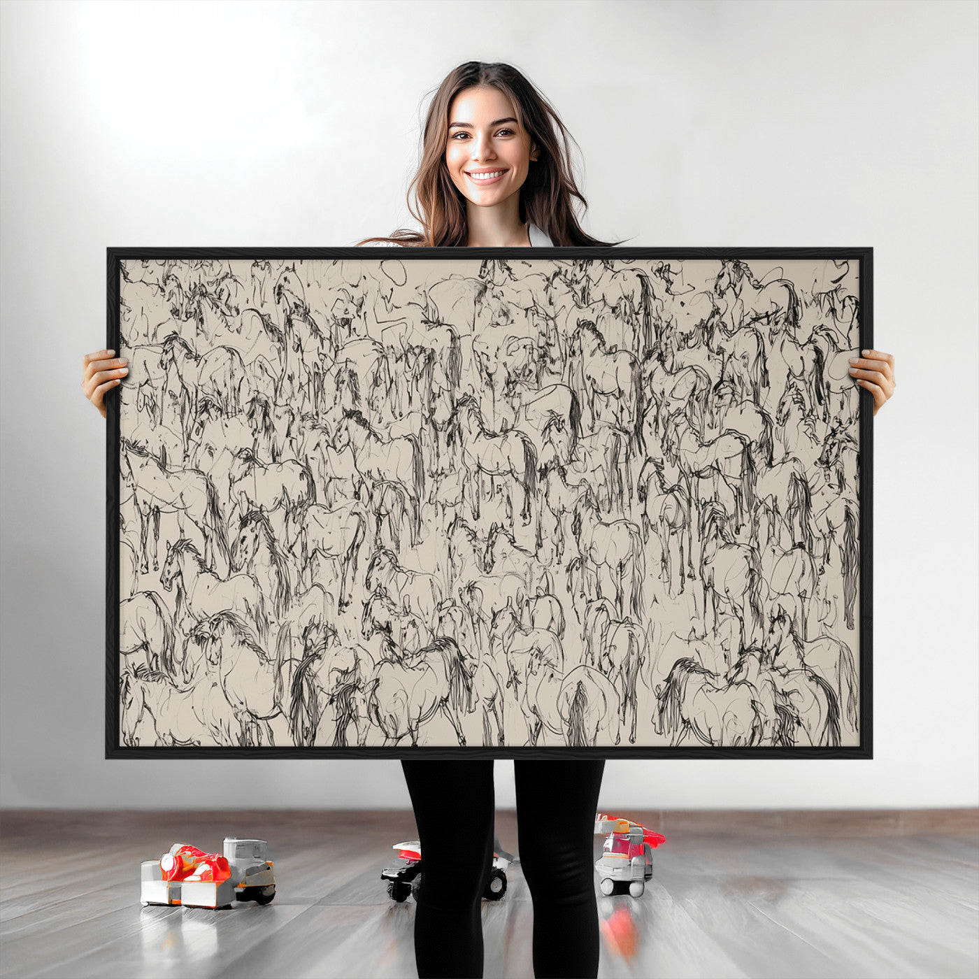 25718-MGV-CV-36X24-Abstract Horse Sketch Wall Art | Ready to Hang and Framed | Farmhouse Wall Decor for Living Room or Office