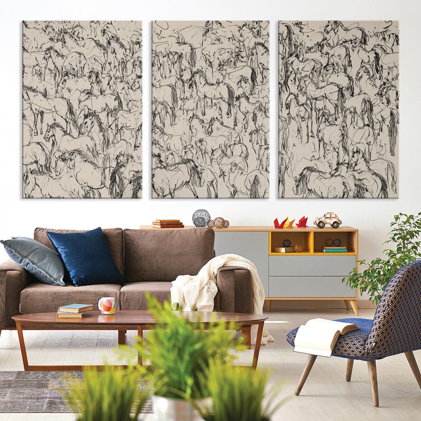 25718-MGV-CV-36X24-Abstract Horse Sketch Wall Art | Ready to Hang and Framed | Farmhouse Wall Decor for Living Room or Office