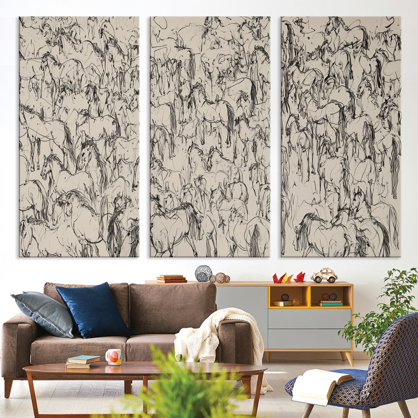 25718-MGV-CV-36X24-Abstract Horse Sketch Wall Art | Ready to Hang and Framed | Farmhouse Wall Decor for Living Room or Office