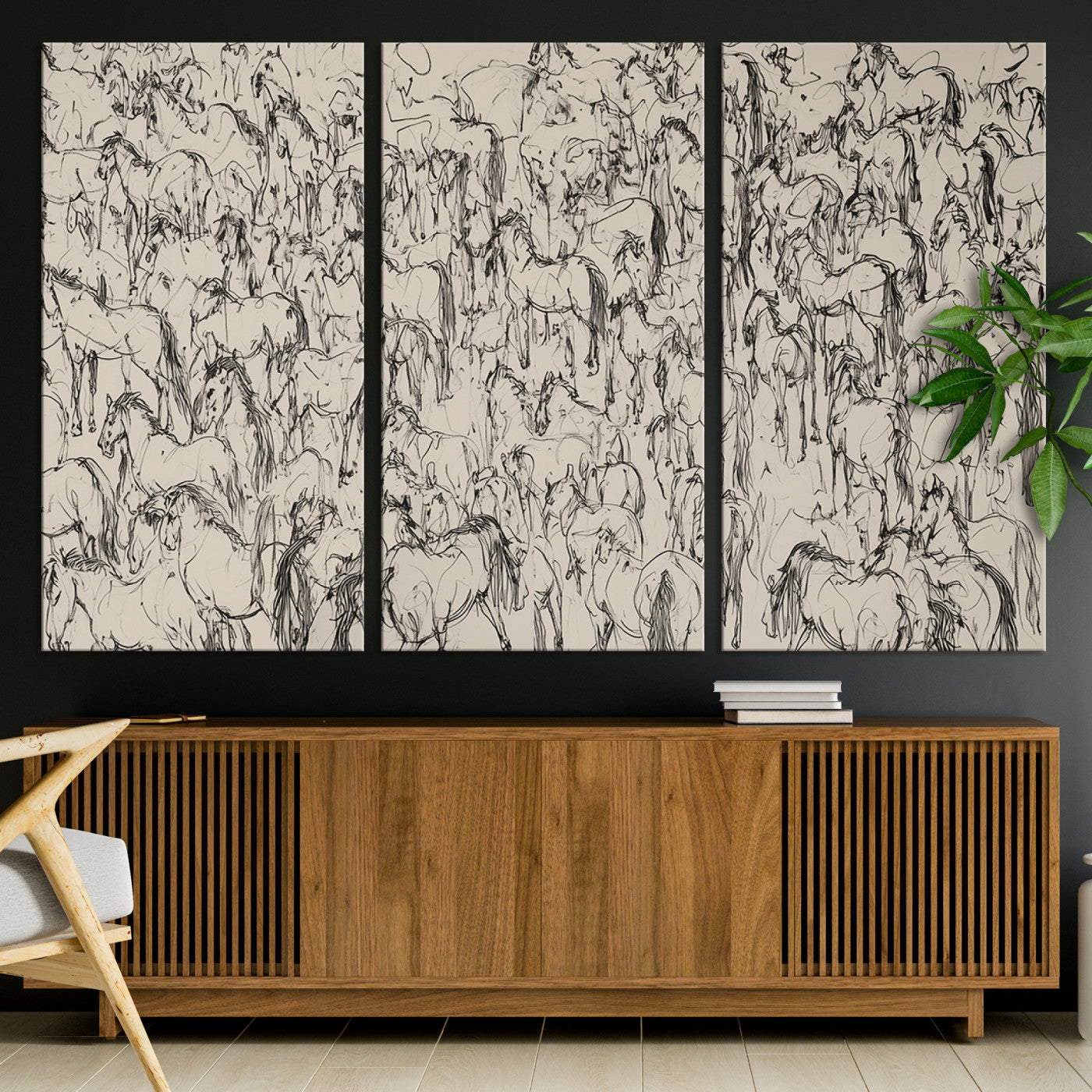 25718-MGV-CV-36X24-Abstract Horse Sketch Wall Art | Ready to Hang and Framed | Farmhouse Wall Decor for Living Room or Office