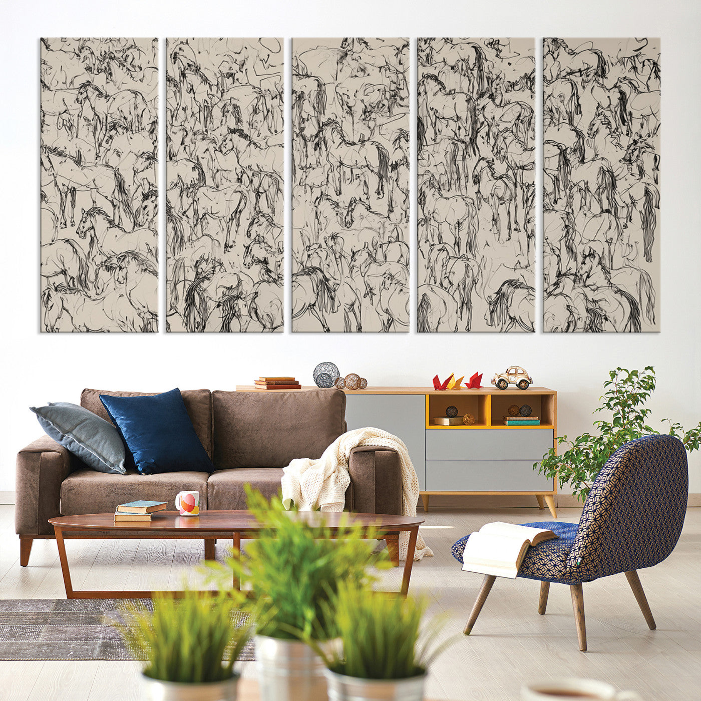 25718-MGV-CV-60X31-5P-Abstract Horse Sketch Wall Art | Ready to Hang and Framed | Farmhouse Wall Decor for Living Room or Office