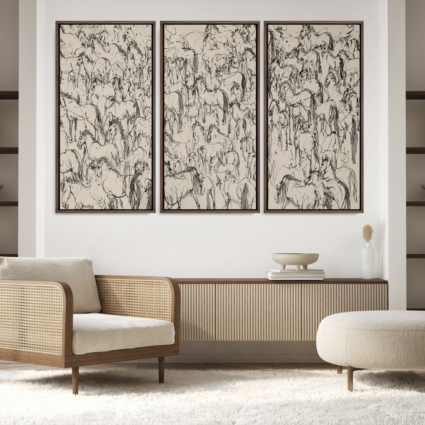 25718-MGV-FC-48X32-3P_Walnut-Abstract Horse Sketch Wall Art | Ready to Hang and Framed | Farmhouse Wall Decor for Living Room or Office