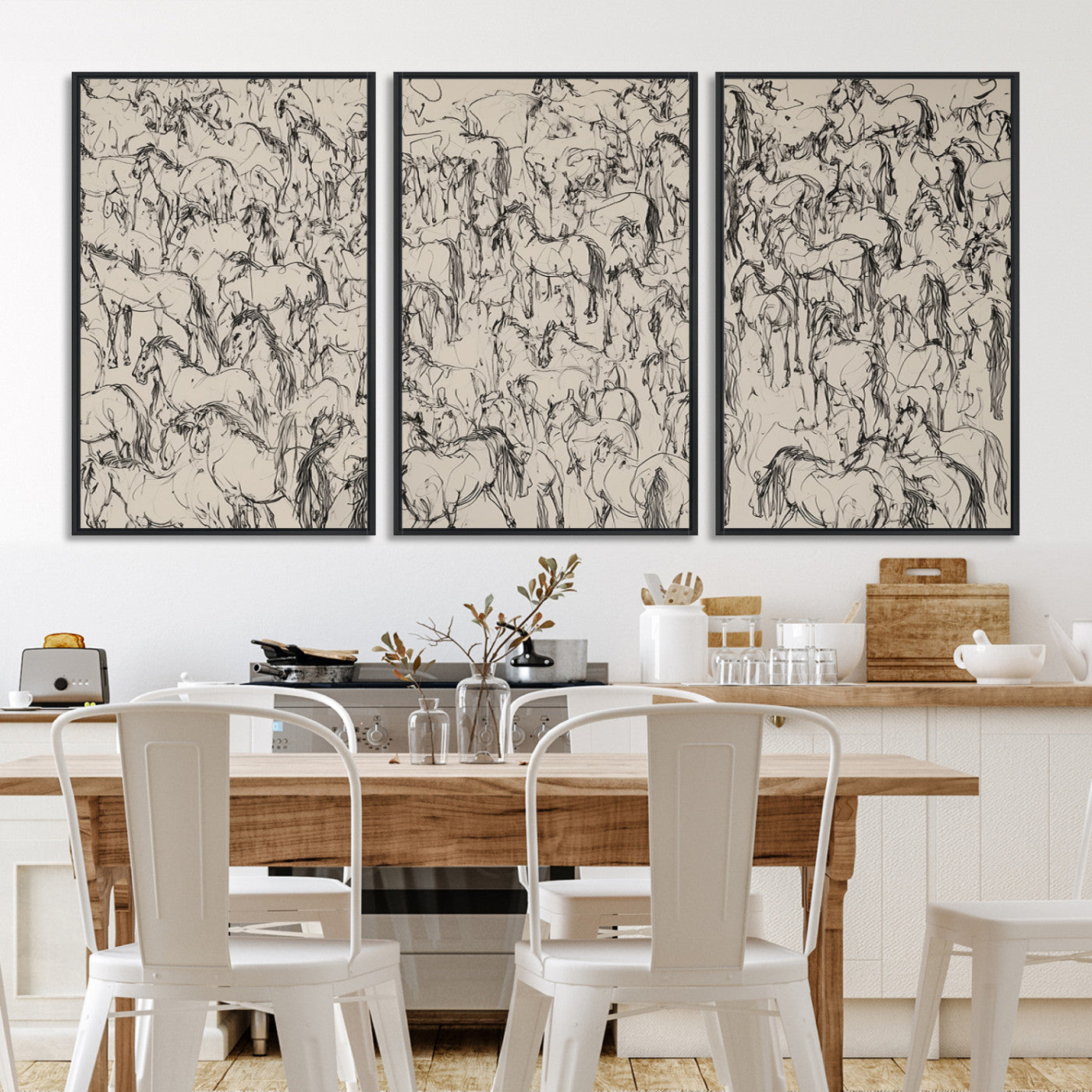 25718-MGV-FC-60X30-3P_Black-Abstract Horse Sketch Wall Art | Ready to Hang and Framed | Farmhouse Wall Decor for Living Room or Office