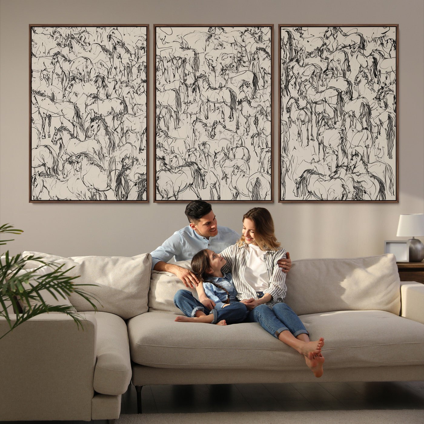 25718-MGV-FC-60X30-3P_Walnut-Abstract Horse Sketch Wall Art | Ready to Hang and Framed | Farmhouse Wall Decor for Living Room or Office