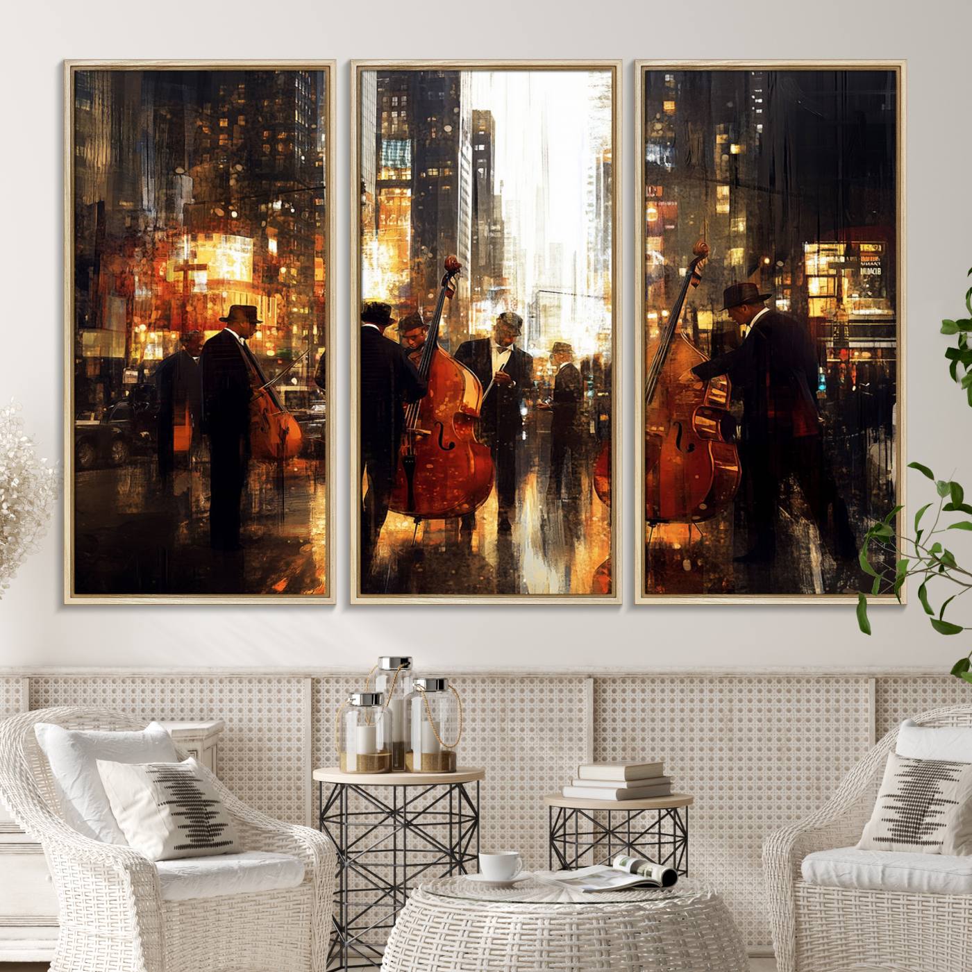 58782-MGV-FC-48X32-3P_Natural-Abstract Jazz Art Wall Art Canvas Print - Framed Abstract Music Canvas - Colorful Instrument Poster for Living Room Walls