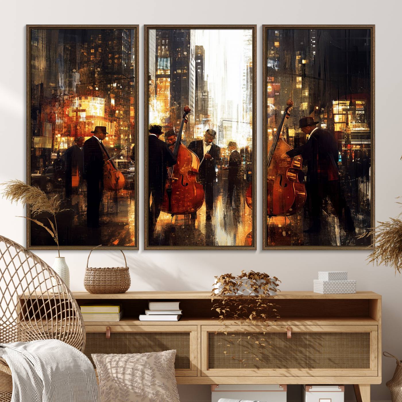 58782-MGV-FC-48X32-3P_Walnut-Abstract Jazz Art Wall Art Canvas Print - Framed Abstract Music Canvas - Colorful Instrument Poster for Living Room Walls