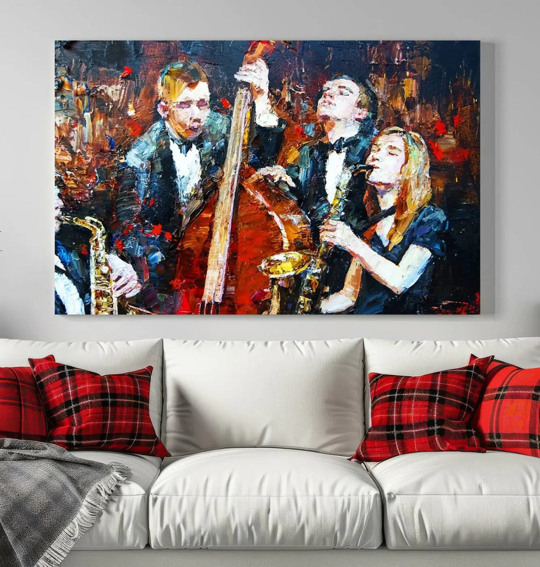 The Abstract Jazz Musician Wall Art Canvas Print, showcasing musicians playing saxophones and a double bass, is elegantly presented on the wall. This gallery-wrapped artwork is printed on museum-quality canvas and includes a UV-protective coating to maintain its lasting vibrancy.