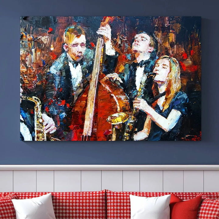 The Abstract Jazz Musician Wall Art Canvas Print, showcasing musicians playing saxophones and a double bass, is elegantly presented on the wall. This gallery-wrapped artwork is printed on museum-quality canvas and includes a UV-protective coating to maintain its lasting vibrancy.