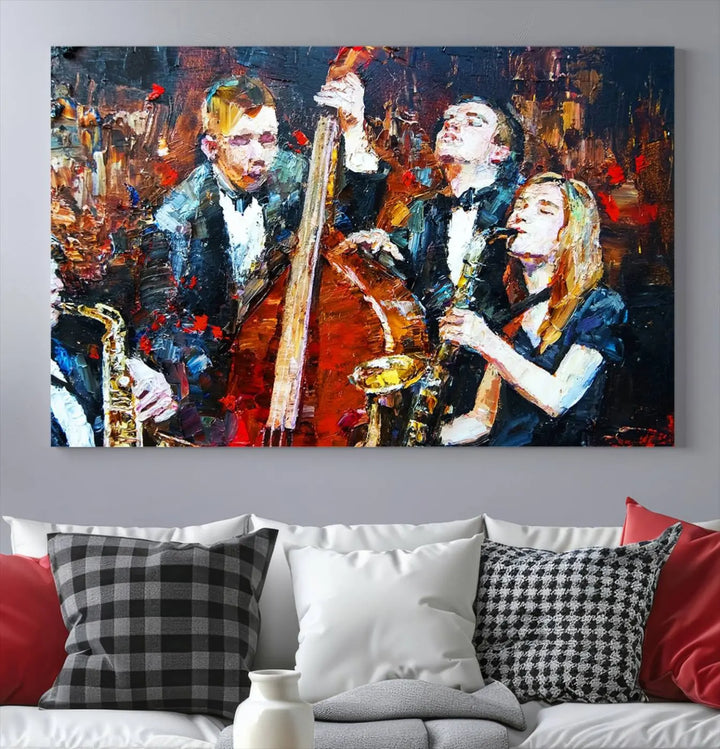 The Abstract Jazz Musician Wall Art Canvas Print, showcasing musicians playing saxophones and a double bass, is elegantly presented on the wall. This gallery-wrapped artwork is printed on museum-quality canvas and includes a UV-protective coating to maintain its lasting vibrancy.