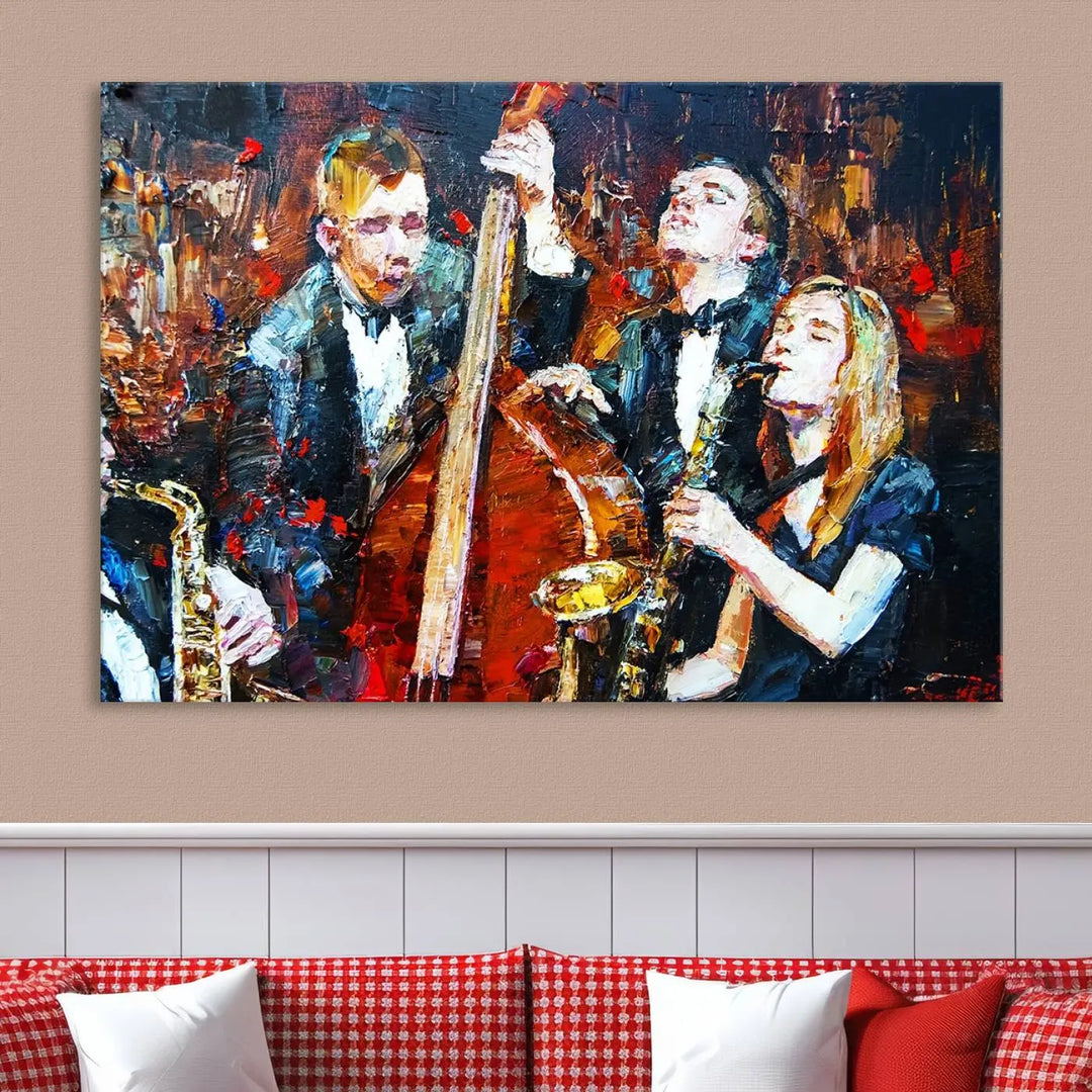 The Abstract Jazz Musician Wall Art Canvas Print, showcasing musicians playing saxophones and a double bass, is elegantly presented on the wall. This gallery-wrapped artwork is printed on museum-quality canvas and includes a UV-protective coating to maintain its lasting vibrancy.