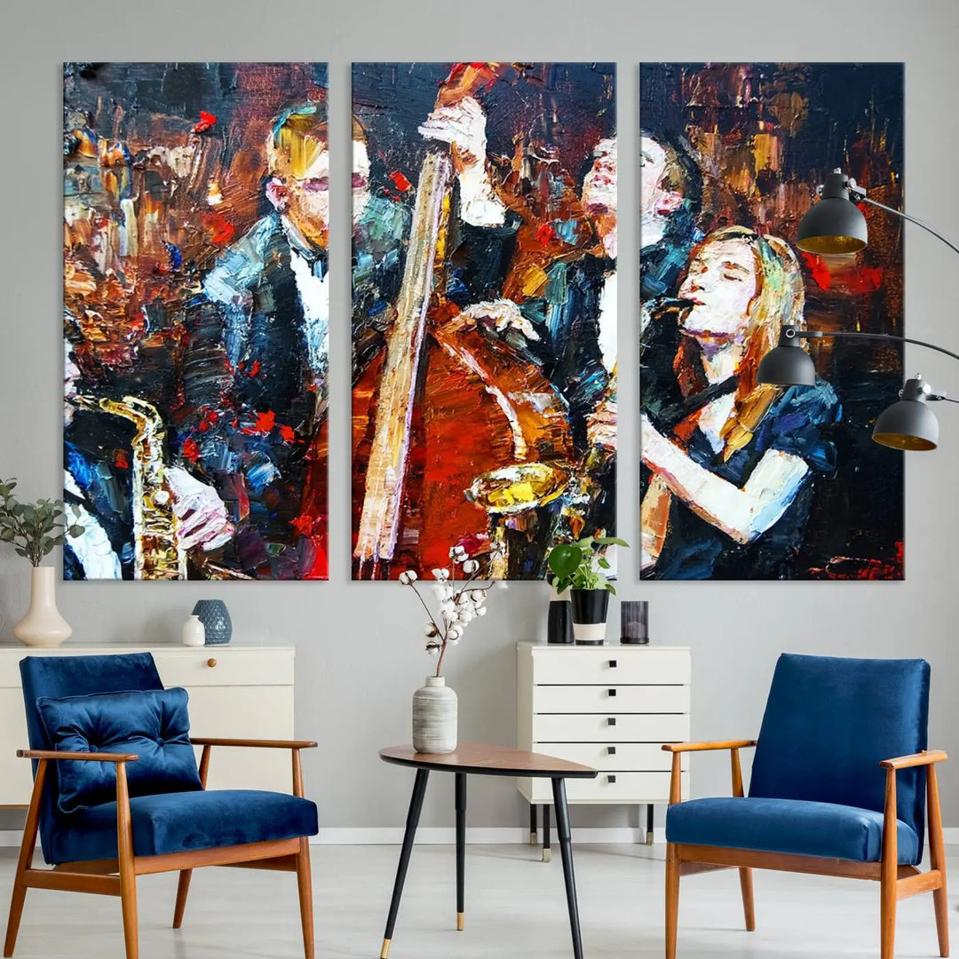 The Abstract Jazz Musician Wall Art Canvas Print, showcasing musicians playing saxophones and a double bass, is elegantly presented on the wall. This gallery-wrapped artwork is printed on museum-quality canvas and includes a UV-protective coating to maintain its lasting vibrancy.