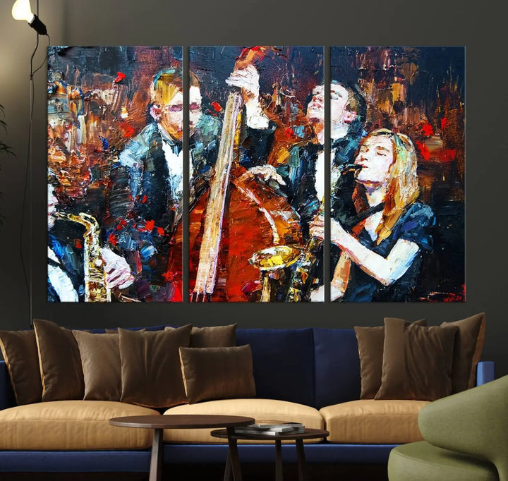 The Abstract Jazz Musician Wall Art Canvas Print, showcasing musicians playing saxophones and a double bass, is elegantly presented on the wall. This gallery-wrapped artwork is printed on museum-quality canvas and includes a UV-protective coating to maintain its lasting vibrancy.