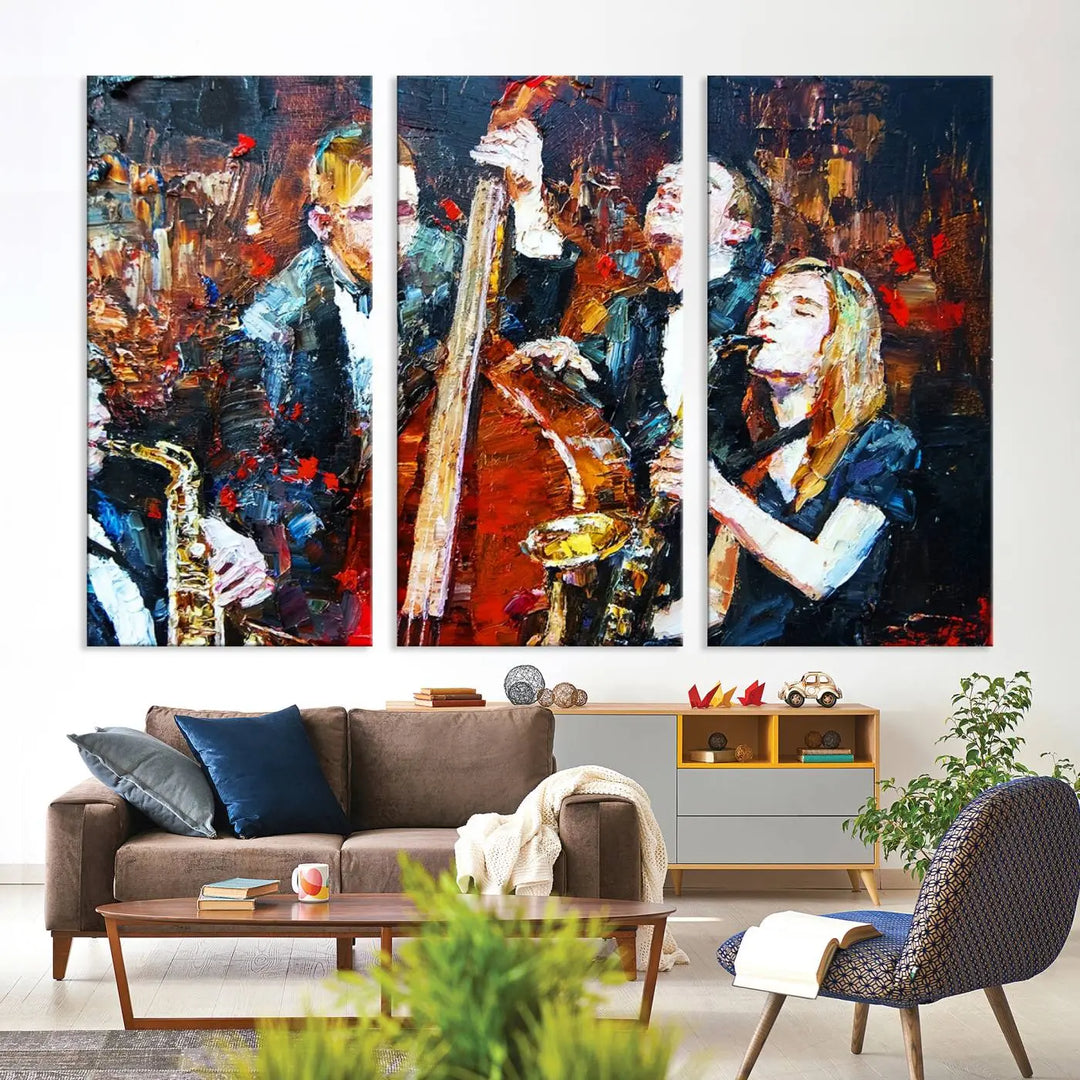 The Abstract Jazz Musician Wall Art Canvas Print, showcasing musicians playing saxophones and a double bass, is elegantly presented on the wall. This gallery-wrapped artwork is printed on museum-quality canvas and includes a UV-protective coating to maintain its lasting vibrancy.