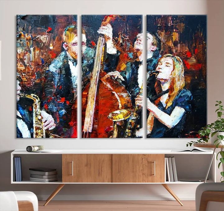 The Abstract Jazz Musician Wall Art Canvas Print, showcasing musicians playing saxophones and a double bass, is elegantly presented on the wall. This gallery-wrapped artwork is printed on museum-quality canvas and includes a UV-protective coating to maintain its lasting vibrancy.