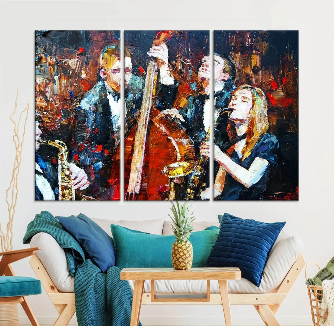 The Abstract Jazz Musician Wall Art Canvas Print, showcasing musicians playing saxophones and a double bass, is elegantly presented on the wall. This gallery-wrapped artwork is printed on museum-quality canvas and includes a UV-protective coating to maintain its lasting vibrancy.