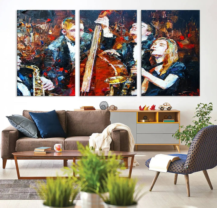 The Abstract Jazz Musician Wall Art Canvas Print, showcasing musicians playing saxophones and a double bass, is elegantly presented on the wall. This gallery-wrapped artwork is printed on museum-quality canvas and includes a UV-protective coating to maintain its lasting vibrancy.