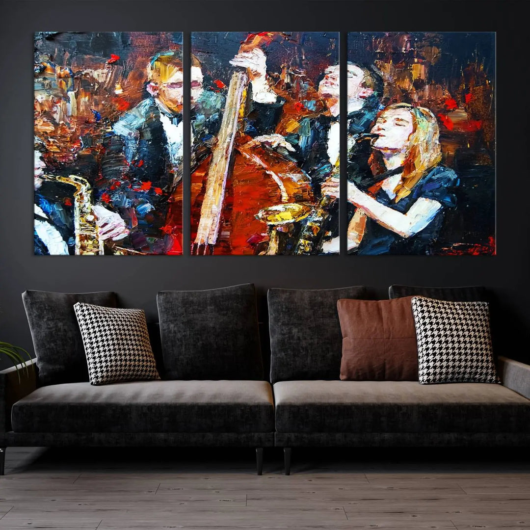 The Abstract Jazz Musician Wall Art Canvas Print, showcasing musicians playing saxophones and a double bass, is elegantly presented on the wall. This gallery-wrapped artwork is printed on museum-quality canvas and includes a UV-protective coating to maintain its lasting vibrancy.