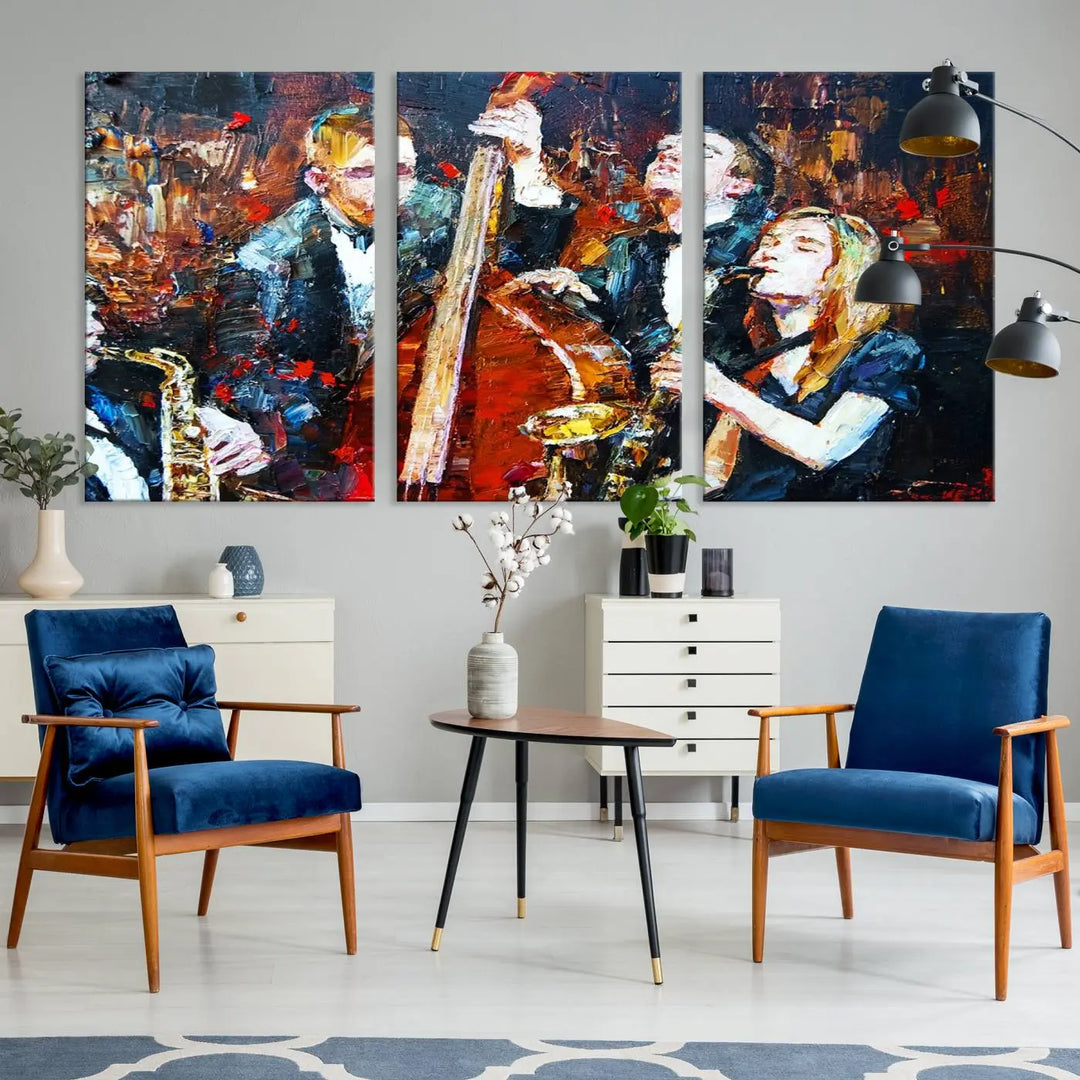 The Abstract Jazz Musician Wall Art Canvas Print, showcasing musicians playing saxophones and a double bass, is elegantly presented on the wall. This gallery-wrapped artwork is printed on museum-quality canvas and includes a UV-protective coating to maintain its lasting vibrancy.