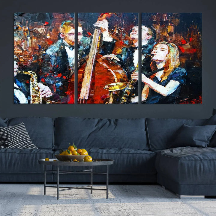 The Abstract Jazz Musician Wall Art Canvas Print, showcasing musicians playing saxophones and a double bass, is elegantly presented on the wall. This gallery-wrapped artwork is printed on museum-quality canvas and includes a UV-protective coating to maintain its lasting vibrancy.