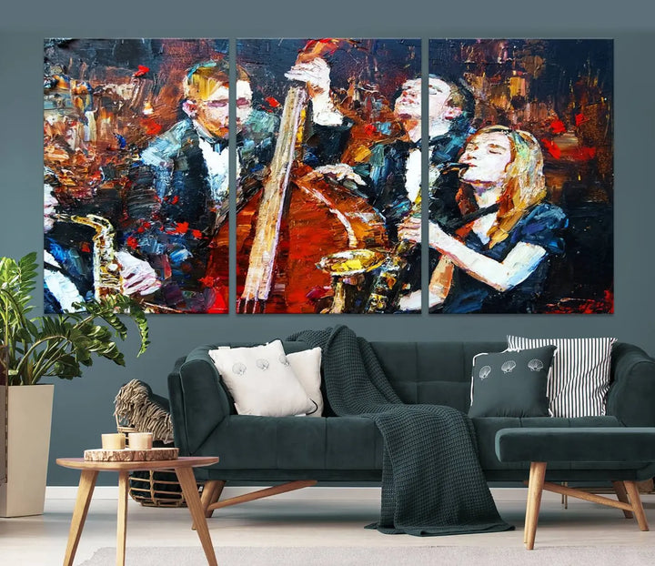 The Abstract Jazz Musician Wall Art Canvas Print, showcasing musicians playing saxophones and a double bass, is elegantly presented on the wall. This gallery-wrapped artwork is printed on museum-quality canvas and includes a UV-protective coating to maintain its lasting vibrancy.