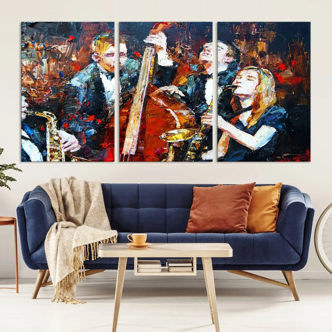 The Abstract Jazz Musician Wall Art Canvas Print, showcasing musicians playing saxophones and a double bass, is elegantly presented on the wall. This gallery-wrapped artwork is printed on museum-quality canvas and includes a UV-protective coating to maintain its lasting vibrancy.