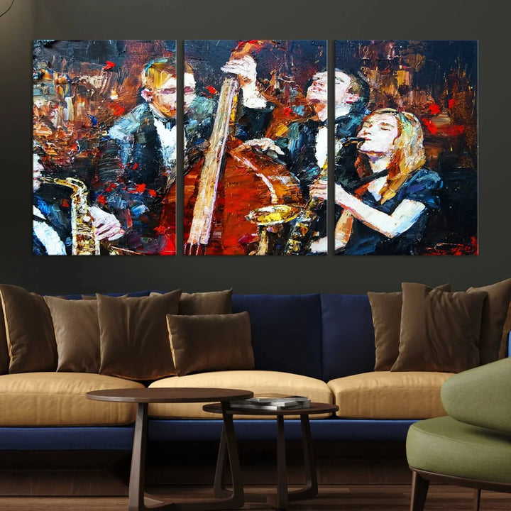 The Abstract Jazz Musician Wall Art Canvas Print, showcasing musicians playing saxophones and a double bass, is elegantly presented on the wall. This gallery-wrapped artwork is printed on museum-quality canvas and includes a UV-protective coating to maintain its lasting vibrancy.