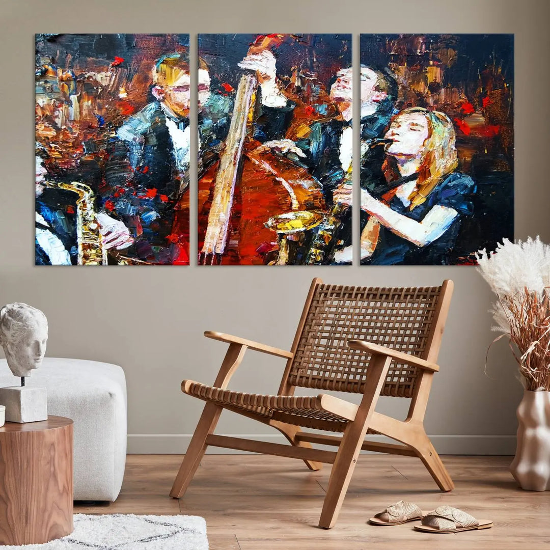 The Abstract Jazz Musician Wall Art Canvas Print, showcasing musicians playing saxophones and a double bass, is elegantly presented on the wall. This gallery-wrapped artwork is printed on museum-quality canvas and includes a UV-protective coating to maintain its lasting vibrancy.