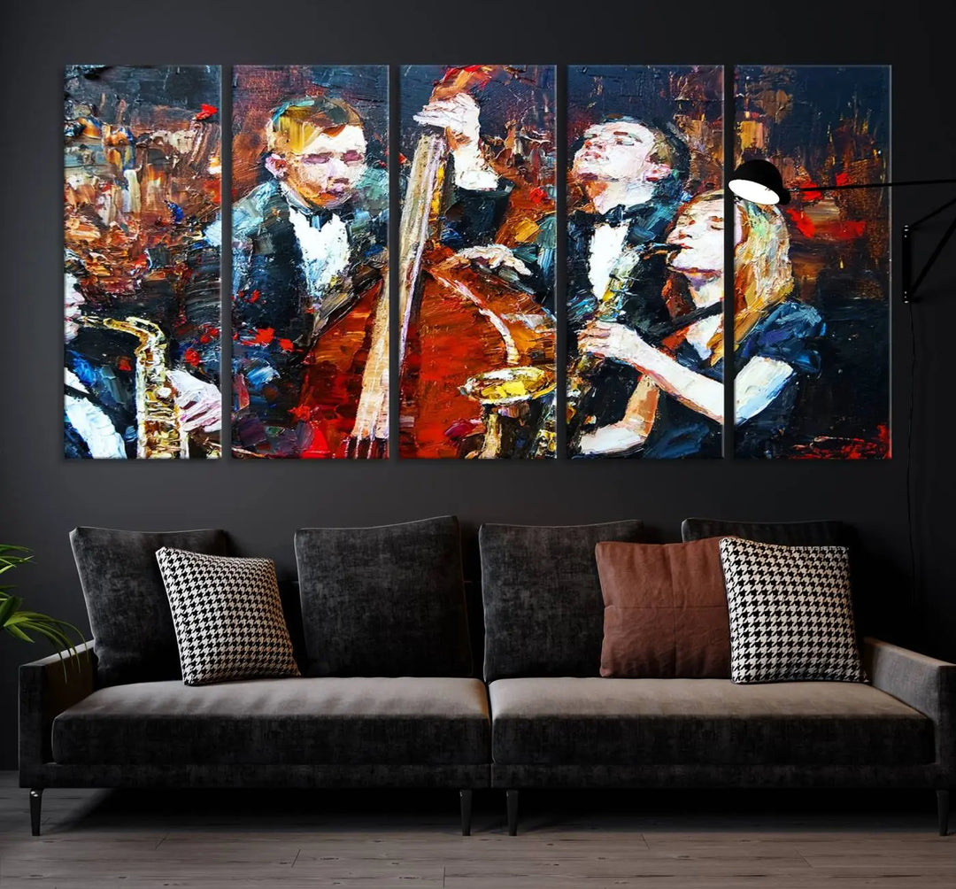 The Abstract Jazz Musician Wall Art Canvas Print, showcasing musicians playing saxophones and a double bass, is elegantly presented on the wall. This gallery-wrapped artwork is printed on museum-quality canvas and includes a UV-protective coating to maintain its lasting vibrancy.