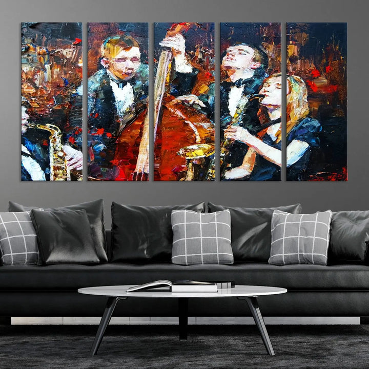 The Abstract Jazz Musician Wall Art Canvas Print, showcasing musicians playing saxophones and a double bass, is elegantly presented on the wall. This gallery-wrapped artwork is printed on museum-quality canvas and includes a UV-protective coating to maintain its lasting vibrancy.