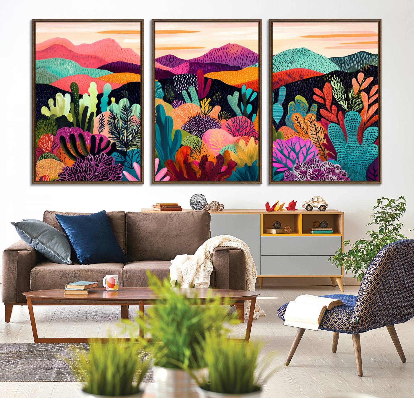 68438-MGV-FC-60X30-3P_Walnut-Abstract Kusama Print - Landscape Canvas Wall Art Print - Vibrant Modern Decor for Living Room, Office, or Bedroom, Ready to Hang
