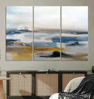 Abstract Landscape Wall Art Canvas | 3 Panel Modern Blue, Gold, and White Canvas Art for Living Room, Bedroom, or Office | Large Abstract