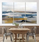 Abstract Landscape Wall Art Canvas | 3 Panel Modern Blue, Gold, and White Canvas Art for Living Room, Bedroom, or Office | Large Abstract