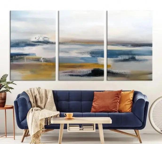 Abstract Landscape Wall Art Canvas | 3 Panel Modern Blue, Gold, and White Canvas Art for Living Room, Bedroom, or Office | Large Abstract