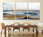 Abstract Landscape Wall Art Canvas | 3 Panel Modern Blue, Gold, and White Canvas Art for Living Room, Bedroom, or Office | Large Abstract