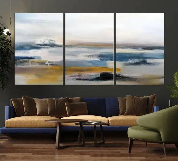 Abstract Landscape Wall Art Canvas | 3 Panel Modern Blue, Gold, and White Canvas Art for Living Room, Bedroom, or Office | Large Abstract