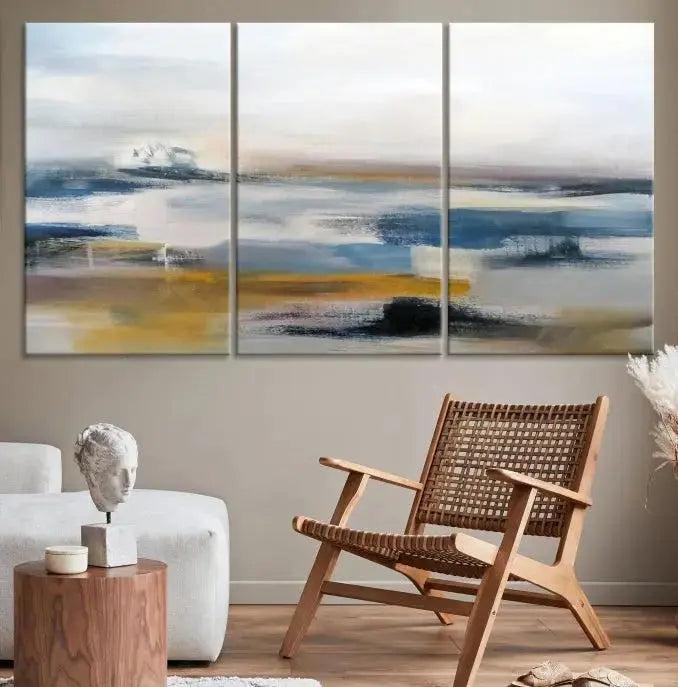 Abstract Landscape Wall Art Canvas | 3 Panel Modern Blue, Gold, and White Canvas Art for Living Room, Bedroom, or Office | Large Abstract