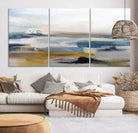 Abstract Landscape Wall Art Canvas | 3 Panel Modern Blue, Gold, and White Canvas Art for Living Room, Bedroom, or Office | Large Abstract