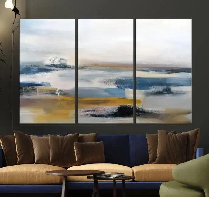 Abstract Landscape Wall Art Canvas | 3 Panel Modern Blue, Gold, and White Canvas Art for Living Room, Bedroom, or Office | Large Abstract