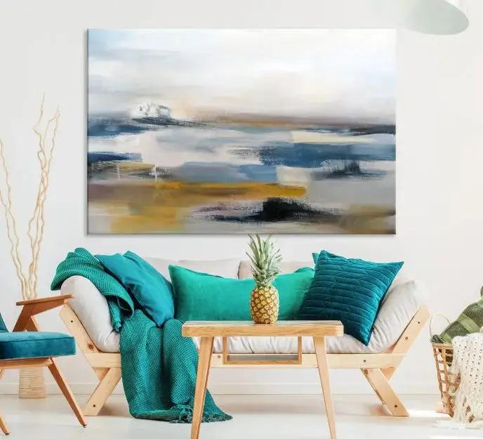 Abstract Landscape Wall Art Canvas | 3 Panel Modern Blue, Gold, and White Canvas Art for Living Room, Bedroom, or Office | Large Abstract Print