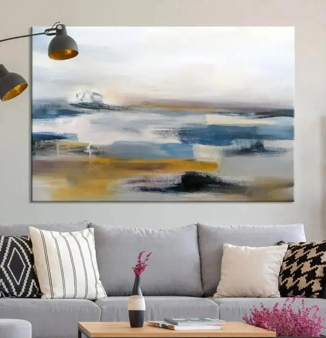 Abstract Landscape Wall Art Canvas | 3 Panel Modern Blue, Gold, and White Canvas Art for Living Room, Bedroom, or Office | Large Abstract Print